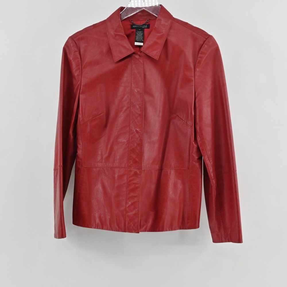 Vintage Kenneth Cole Leather Jacket Womens Size M Red Button Up Lined Blazer Y2K